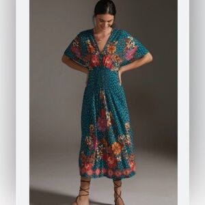 Anthropologie Blank London Dress Tatiana Kaftan in Blue Teal Floral
